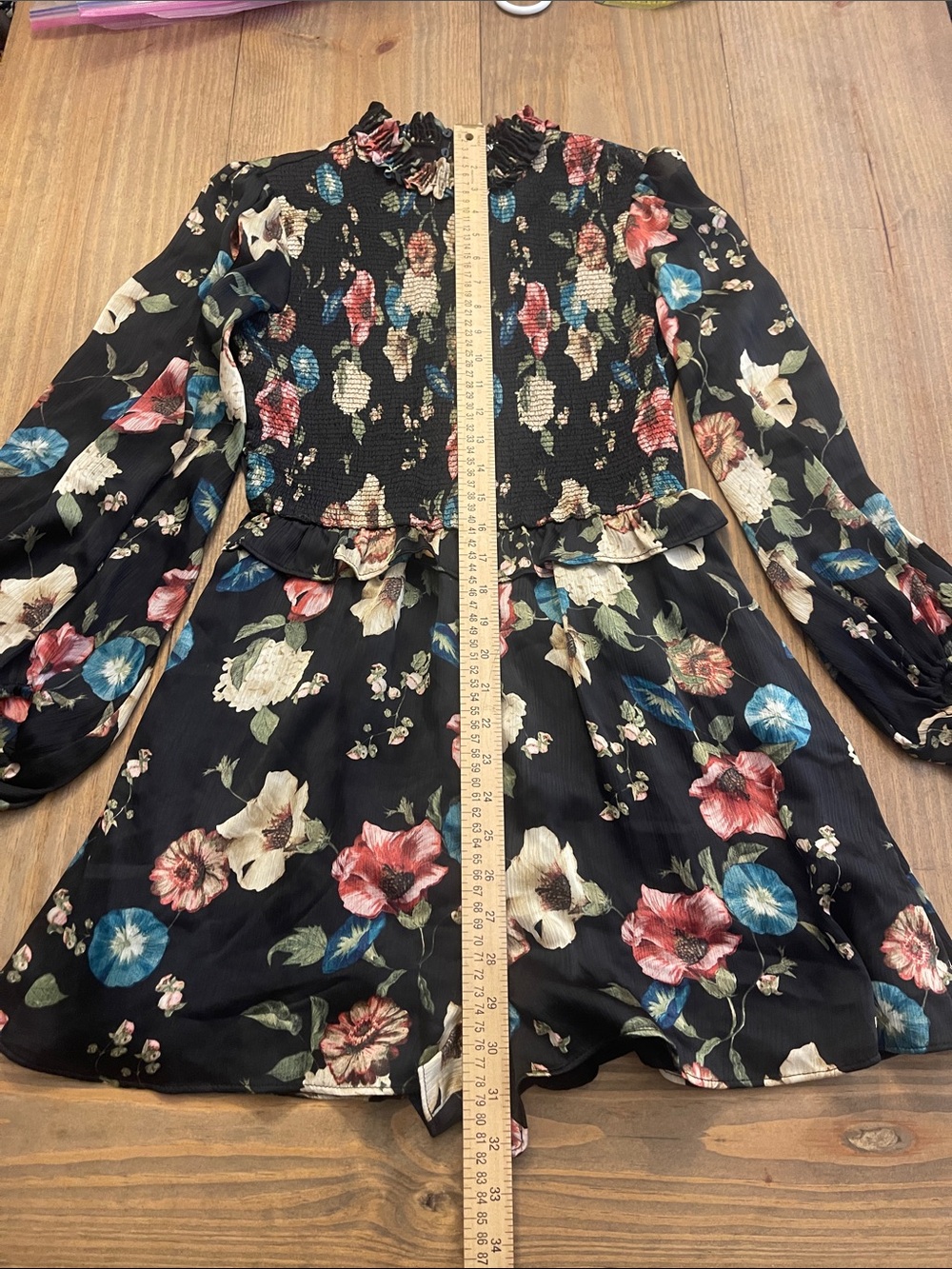 Zara Black Floral Smocked Long-Sleeve High Neck Mini Romper Size XS Multicolor